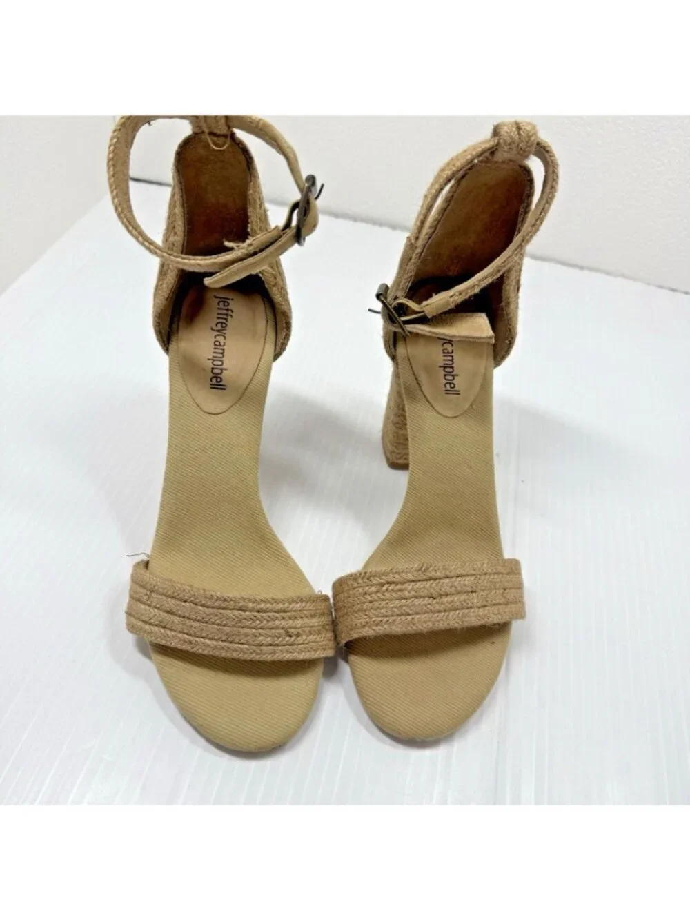 Jeffrey Campbell Espadrille Ankle Strap Sandals 7 Tan Beige Jute Block Heel Boho